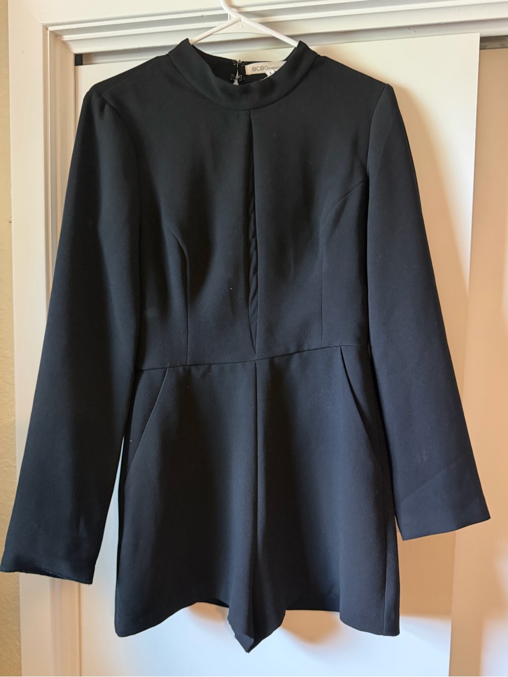 BCBGeneration Black Long-Sleeve Romper with Mesh Chest